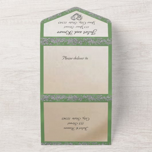 Elegantes Weiß, sattes grünes Band, Sparkle & Herz All In One Einladung (Außenbereich)