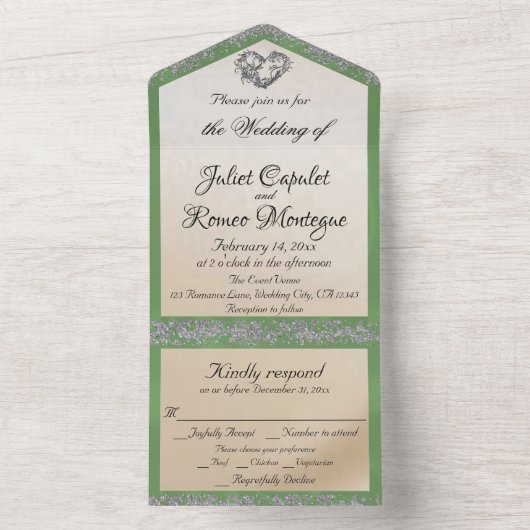 Elegantes Weiß, sattes grünes Band, Sparkle & Herz All In One Einladung (Innen Boden)