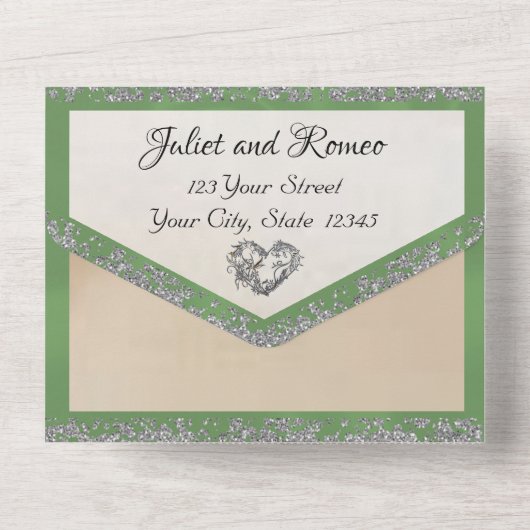 Elegantes Weiß, sattes grünes Band, Sparkle & Herz All In One Einladung (Rückseite)