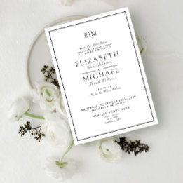 Elegantes Weiß Schwarz Klassisches Monogramm Hochz Einladung