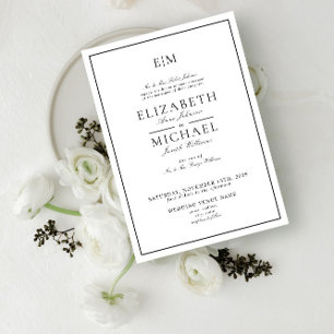 Elegantes Weiß Schwarz Klassisches Monogramm Hochz Einladung