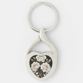 Elegantes Weiß- und Gold-Blumenrosen-Herz-Schlüsse Schlüsselanhänger