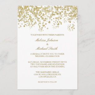 Elegantes Weiß und Gold Polka-dots Confetti Hochze Einladung