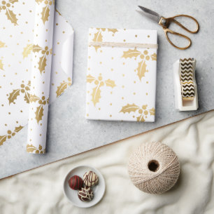 Elegantes Weiß- und Goldfolien-Weihnachts-Stechpal Geschenkpapier