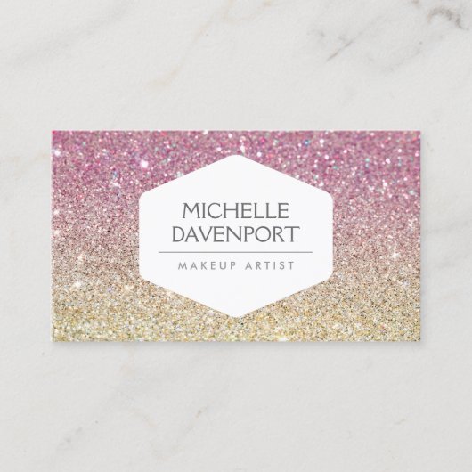 ELEGANTES WEISSEMBLEM AUF PINK OMBRE-GLITZER VISITENKARTE (Vorderseite)