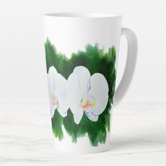 Elegantes, weißes Aquarell-Orchideenbild Milchtasse (Rechte Ecke)