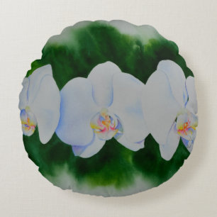 Elegantes, weißes Aquarell-Orchideenbild Rundes Kissen