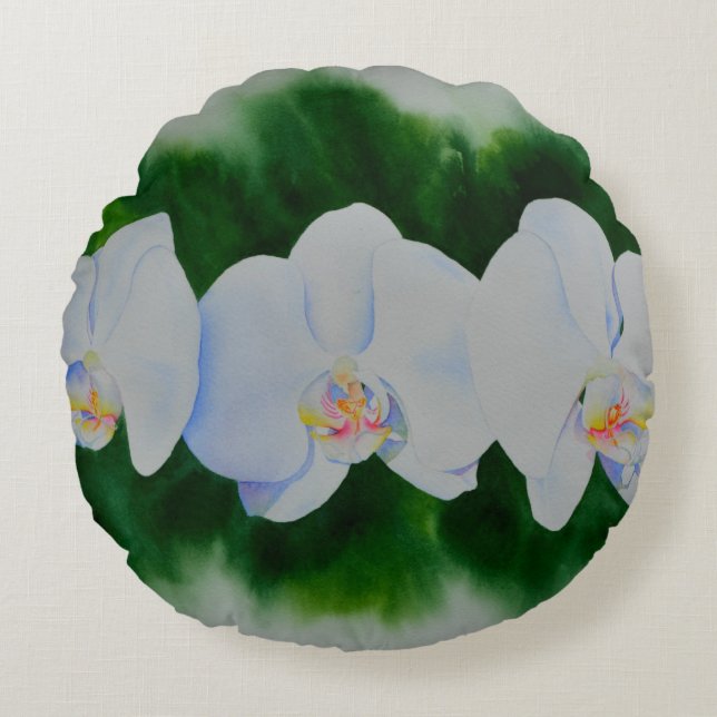 Elegantes, weißes Aquarell-Orchideenbild Rundes Kissen (Vorderseite)