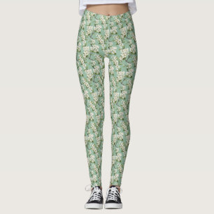 Elegantes, weißes Blossom-Muster auf Pastel Sage G Leggings