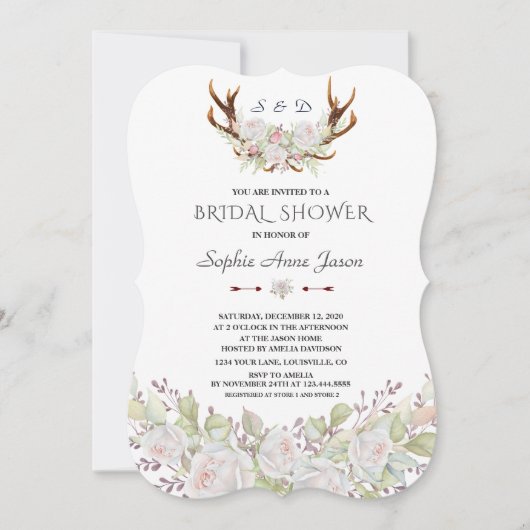 Elegantes weißes Blume Antlers Navy Brautparty Einladung (Vorderseite)