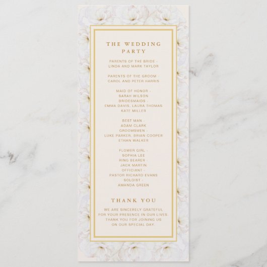 Elegantes weißes Blumen- Hochzeitsprogramm Elfenbe Programm (Rückseite)