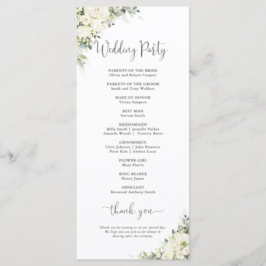 Elegantes weißes Blumen-Hochzeitsprogramm Programm (Rückseite)