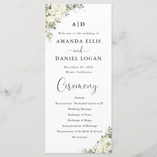Elegantes weißes Blumen-Hochzeitsprogramm Programm (Vorderseite)