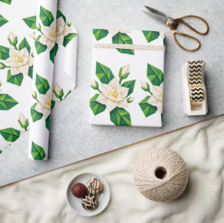 Elegantes Weißes Blumen- und Grünblätter-Wrapping Geschenkpapier