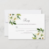 Elegantes weißes Blumengrün-Blatt Hochzeit RSVP (Rückseite)
