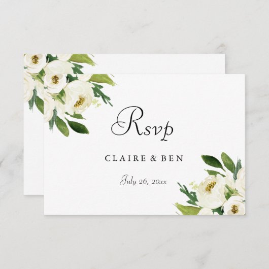 Elegantes weißes Blumengrün-Blatt Hochzeit RSVP (Vorne/Hinten)