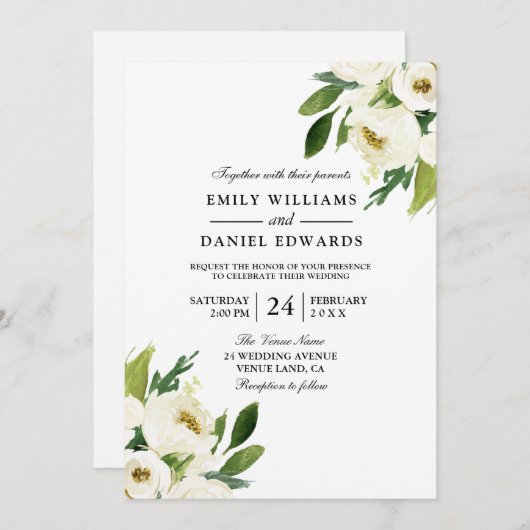 Elegantes weißes Blumengrün - Einladung zur Hochze (Vorne/Hinten)