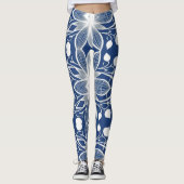 Elegantes, weißes Blumenmuster-Muster auf Deep Blu Leggings (Vorderseite)