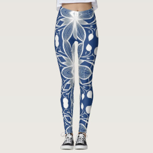 Elegantes, weißes Blumenmuster-Muster auf Deep Blu Leggings