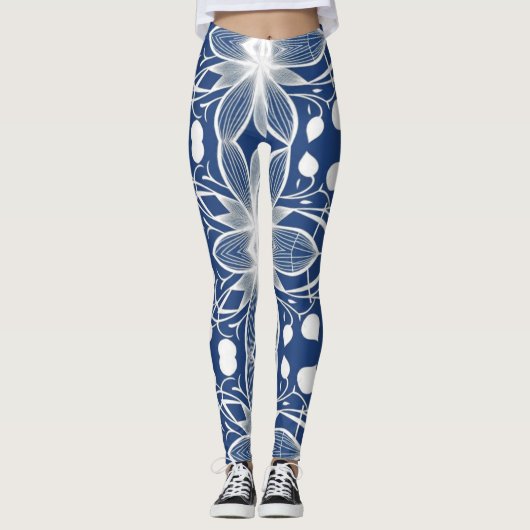 Elegantes, weißes Blumenmuster-Muster auf Deep Blu Leggings (Vorderseite)