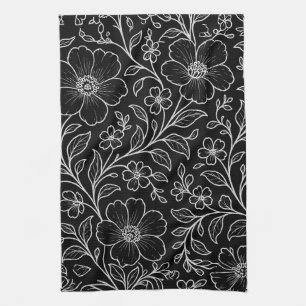 Elegantes weißes Blumenmuster Schwarz Geschirrtuch