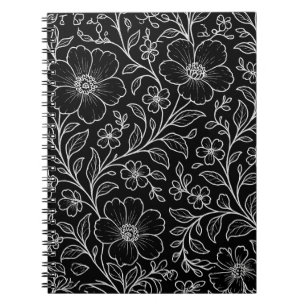 Elegantes weißes Blumenmuster Schwarz Notizblock