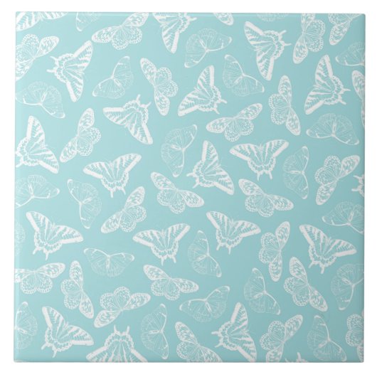 Elegantes weißes Butterflies blaues Design Fliese (Vorderseite)