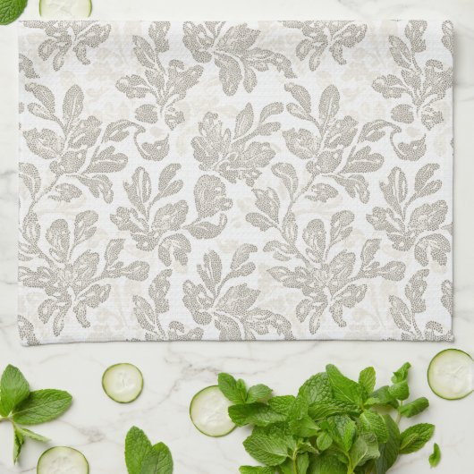 Elegantes Weißes Creme Blumenmuster Geschirrtuch (Gefaltet)