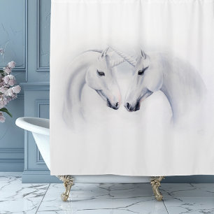 Elegantes weißes Einhorn-Paar Fantasy Romantisch Duschvorhang