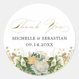 Elegantes Weißes Florales Chic Gold Danke Runder Aufkleber