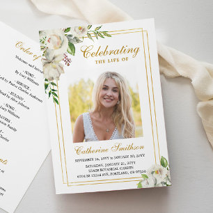 Elegantes weißes florales Foto-Gedenk-Trauerfeier Programm