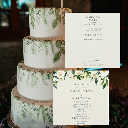 Elegantes weißes florales Hochzeitsprogramm in Cre Programm