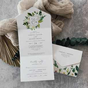 Elegantes weißes florales Monogramm Hochzeit All In One Einladung