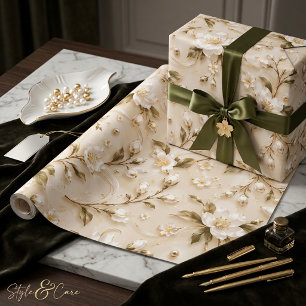 Elegantes weißes florales Oliven-Gold-Botanikmuste Geschenkpapier
