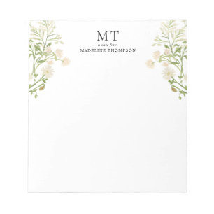 Elegantes weißes florales Wildblumen-Klassik-Monog Notizblock
