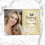 Elegantes Weißes Foto 50. Geburtstag Einladung<br><div class="desc">Elegante florale feminine 50. Geburtstagseinladung mit Ihrem Foto. Glam-Design mit Imitaten Glitzer Gold. Features Streifen,  weiße Rosen,  Skript-Schriftart und Konfetti. Ideal für ein stilvolles Party für Erwachsene. Personalisieren Sie Ihre persönlichen Daten. Kann für jedes Alter angepasst werden! Gedruckte Zazzle Einladungen oder Sofortdownload digitalen druckbaren Vorlage.</div>
