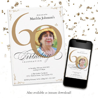 Elegantes Weißes Foto 60. Geburtstag Einladung