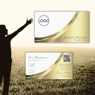 Elegantes weißes Gold-Dekor mit Logo und QR-Code Visitenkarte
