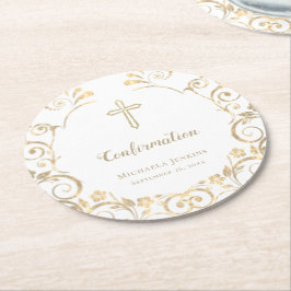 Elegantes Weißes-Gold-Kreuz Runder Pappuntersetzer