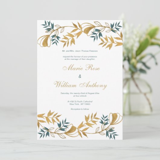 Elegantes weißes goldgraues Blattwerk Einladung (Stehend Vorderseite)