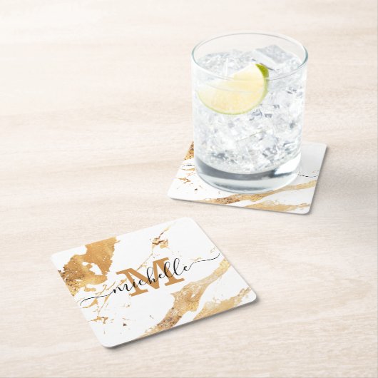 Elegantes weißes Goldmarmor handgeschriebenes Mono Rechteckiger Pappuntersetzer (Vor Ort)