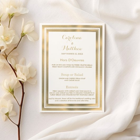 Elegantes, weißes Goldrahmen-Menü für Hochzeiten Menükarte