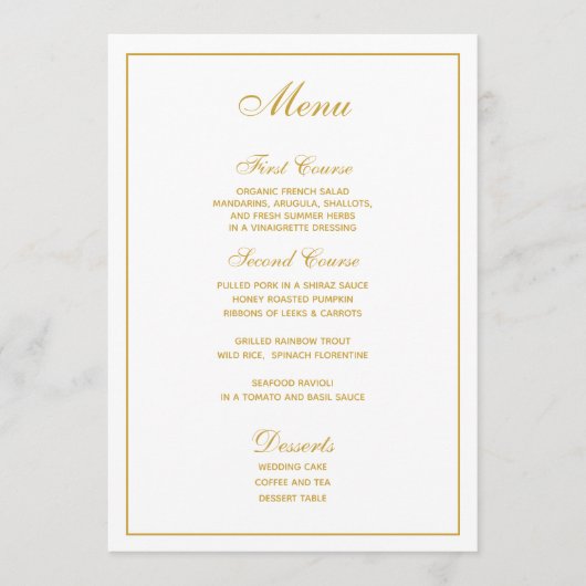 Elegantes, weißes Goldskriptmenü Menükarte (Vorderseite)