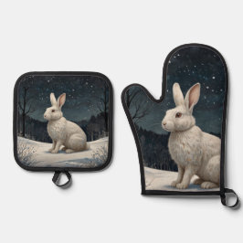 Elegantes weißes Kaninchen Weihnachtsschneewald Ofenhandschuh & Topflappen-Set