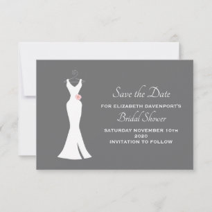 Elegantes weißes Kleid auf stilvollem grauem Braut Save The Date