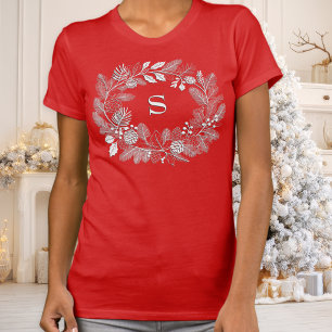 Elegantes weißes Kranzmonogramm Minimale Linienkun T-Shirt