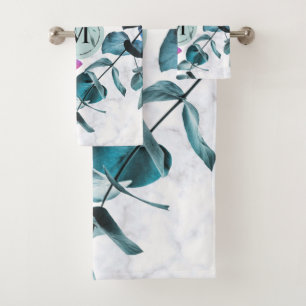 Elegantes weißes Marmor Eukalyptus foliage Monogr Badhandtuch Set