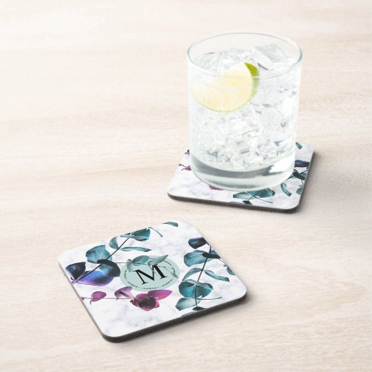 Elegantes weißes Marmor Eukalyptus foliage Monogra Getränkeuntersetzer (Rechte Seite)