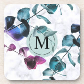 Elegantes weißes Marmor Eukalyptus foliage Monogra Getränkeuntersetzer (Vorderseite)