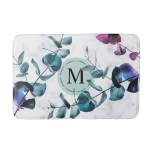 Elegantes weißes Marmor-Eukalyptusblatt-Monogramm Badematte